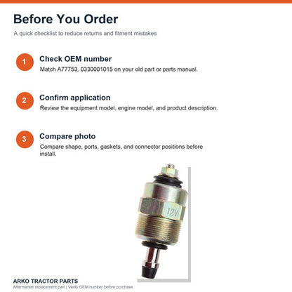 Case Fuel Shutoff Solenoid Cummins Dodge A77753 8190393