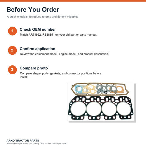 John Deere Head Gasket Set AR71992 RE38851