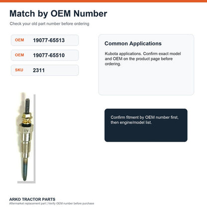Kubota V2203 Glow Plug 19077-65513 19077-65510