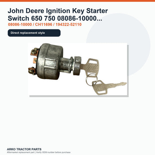 John Deere Ignition Key Starter Switch 650 750 08086-10000 CH11696 194322-52110