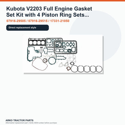 Kubota V2203 Full Engine Gasket Set Kit with 4 Piston Ring Sets (STD) 87mm 4 Cyl
