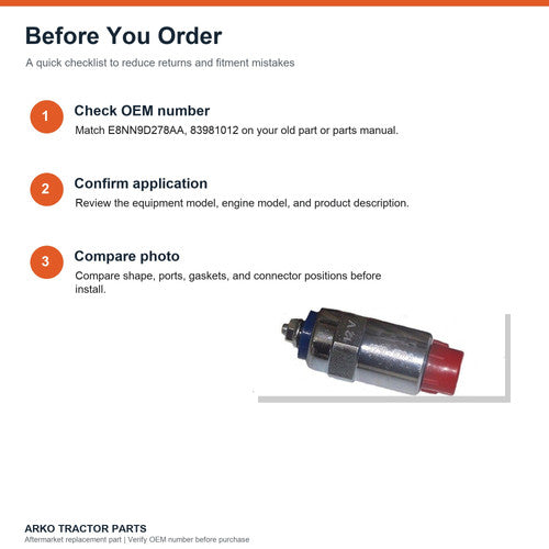 Fuel Shut Off Solenoid For New Holland E8NN9D278AA