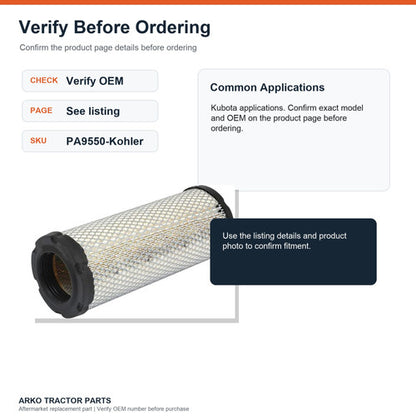 Air Filter for Kohler 25 083 01-S, Kawasaki 11013-7020 and Kubota