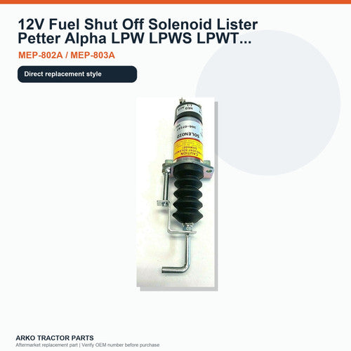 12V Fuel Shut Off Solenoid Lister Petter Alpha LPW LPWS LPWT MEP-802A MEP-803A