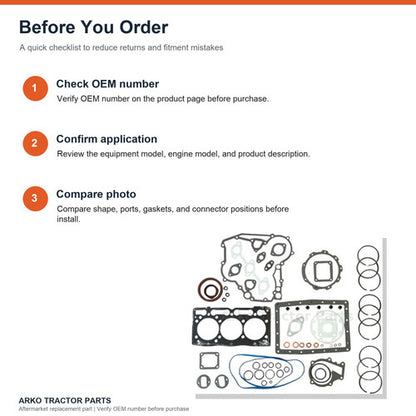 Kubota D1105 Full Engine Gasket Kit with 3 Piston Ring Sets (STD) 78mm