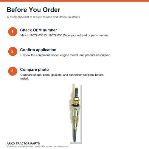 Kubota V2203 Glow Plug 19077-65513 19077-65510