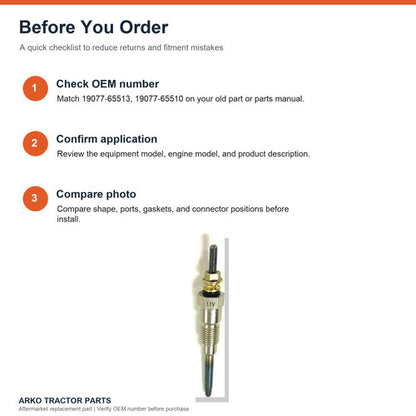 Kubota V2203 Glow Plug 19077-65513 19077-65510