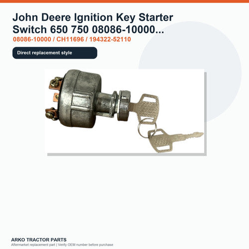 John Deere Ignition Key Starter Switch 650 750 08086-10000 CH11696 194322-52110