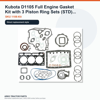 Kubota D1105 Full Engine Gasket Kit with 3 Piston Ring Sets (STD) 78mm